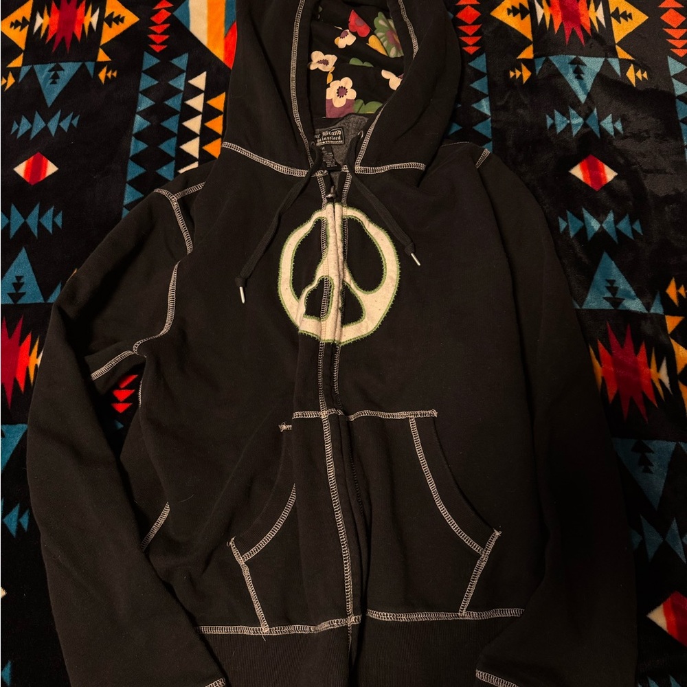 Lucky Brand Black Zip-Up Hoodie with Green Peace Patch